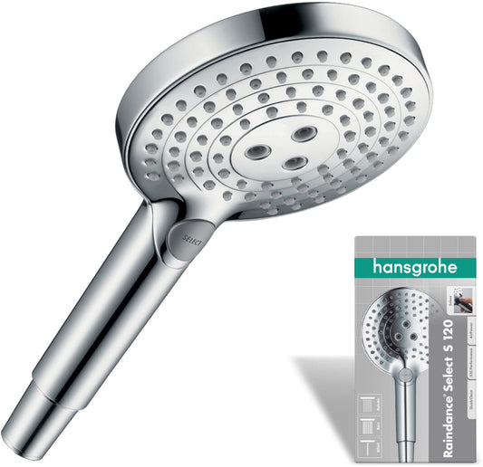 Hansgrohe Raindance Select S - Shower head, hand shower with 3 spray modes, round shower head (⌀ 120 mm), anti-limescale function, chrome.