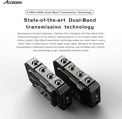 Accsoon CineView WIT04-HE video transmission dual-band HDMI wireless transmitter & receiver with a range of 1200ft (350m) and support for up to 4 monitor devices. Operates on 2.4+5Ghz frequencies with latency of less than 0.06s.