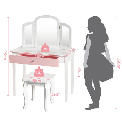 GOPLUS 2 in 1 Kids Vanity Table, Dressing Table & Chair, Makeup Table with Removable 3-Fold Mirror & Drawer, Padded Stool, made of wood, in country style, Children's Vanity Table for Girls (White)