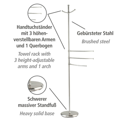 WENKO towel rack model Adiamo with adjustable arms and 2 hooks, coat stand made of brushed steel, 28 x 170 x 28 cm.