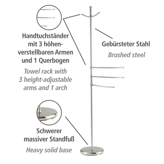 WENKO towel rack model Adiamo with adjustable arms and 2 hooks, coat stand made of brushed steel, 28 x 170 x 28 cm.