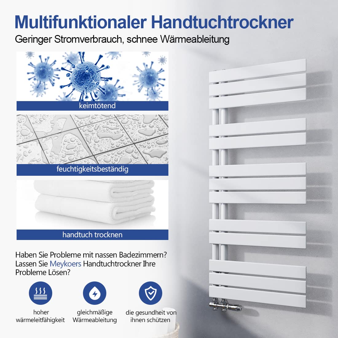 Meykoers towel radiator Flat 89x40cm Bathroom radiator Panel White Towel warmer Side connection Design radiator