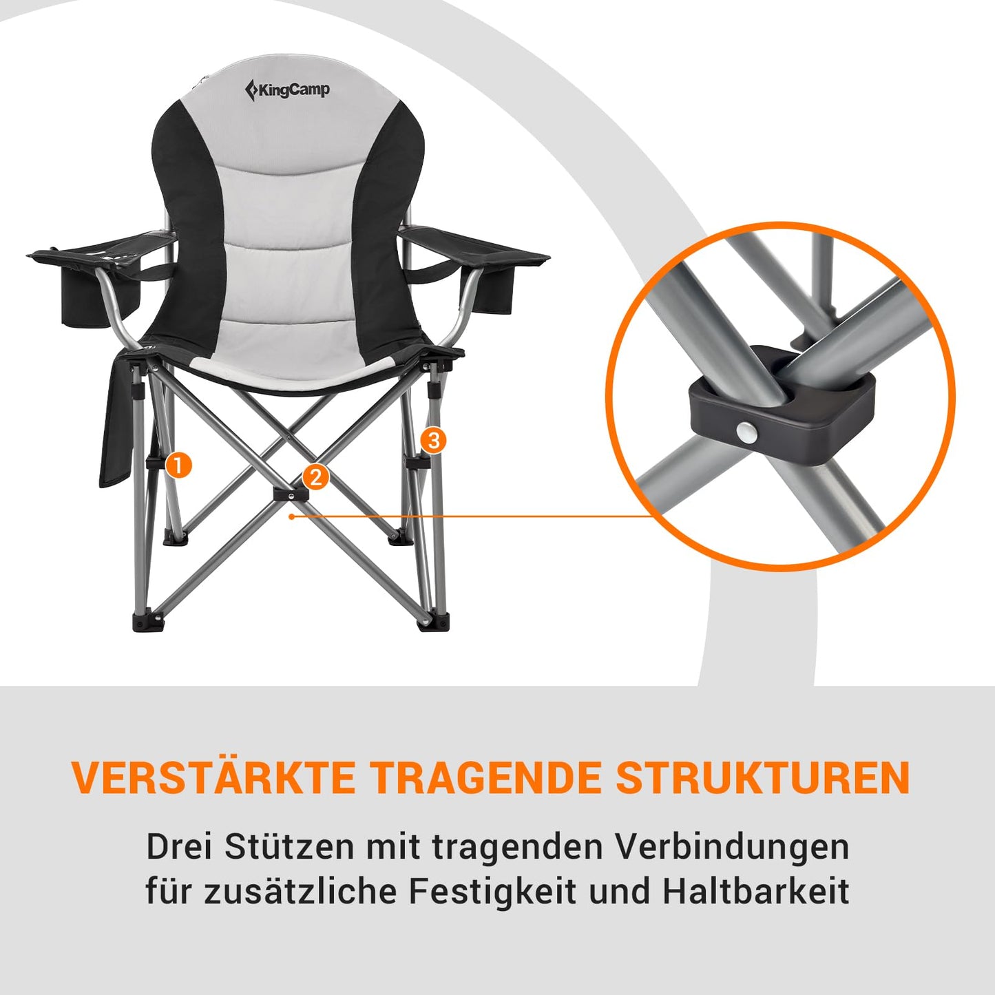 KingCamp camping chair foldable up to 160 kg, Oversized camping chair with adjustable backrest, Folding camping chair with high backrest & cooler & drink holder, Black