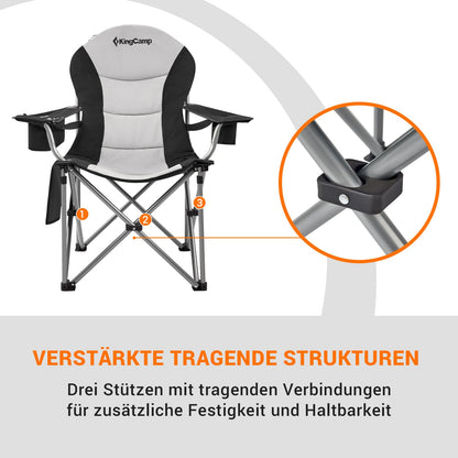KingCamp camping chair foldable up to 160 kg, Oversized camping chair with adjustable backrest, Folding camping chair with high backrest & cooler & drink holder, Black