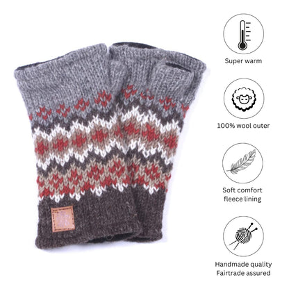 Pachamama Women's Wool Handwarmers Handwarmers Fleece lined Handknitted Fair Isle Multicoloured One Size Handmade Extra Warm Fair Trade