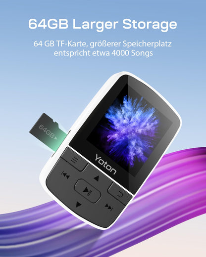 YOTON MP3 player with Bluetooth 5.2, 64GB storage, compact HiFi music player with sport clip, independent volume control, FM radio, includes headphones, white.