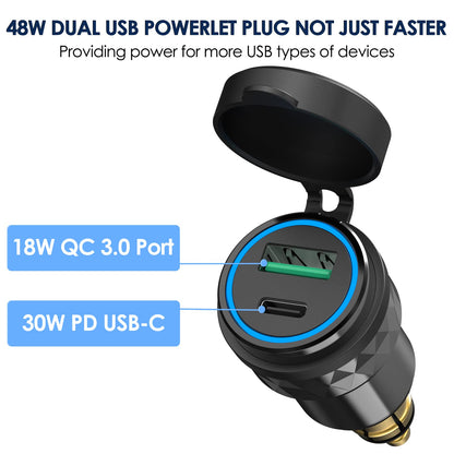 30W PD USB C socket adapter for BMW motorcycle DIN Hella EU plug: PD & QC 3.0 USB socket waterproof cigarette lighter charger for 12-24V boat truck caravan Ducati Triumph