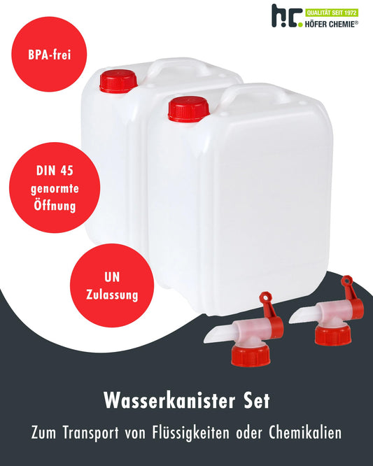 Höfer Chemie 2 x 10 L Water Canister Set White - BPA-free & Food-safe - Ideal camping accessory for liquids - With drain tap & screw cap