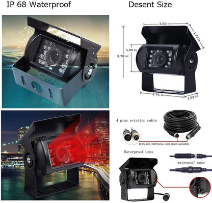 9 inch rear view camera set monitor with 4 pin cable, 4 waterproof night vision mirror cameras for trucks, RVs, trailers, caravans, and agriculture. 12V/24V/35V rearview camera cable for parking assistance.