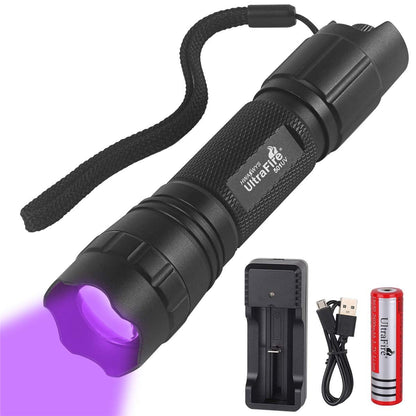UltraFire UV flashlight 395-405 nm black light LED flashlight, zoomable UV light, stepless dimming UV lamps, small ultraviolet light