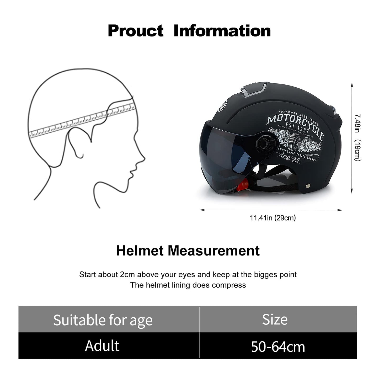 Ergocar Classic Open Face Helmet, Half Helmet with Sun Visor, 709abs Shell Combined with EPS Buffer Layer for Better Riding Protection (Matte Black)
