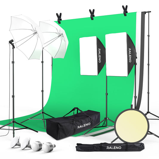 RALENO Photo Studio Set, 2.6m x 3m backdrop support system Green Screen set, Softbox studio lighting kit with 5500K 97 CRI, 50W and 45W LED lamps for product portrait video product photography.