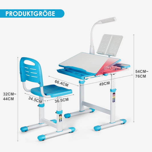 JOYLDIAS Children's desk adjustable in height, student desk youth desk with lamp, kids desk with chair and drawer including free small bucket/Blue