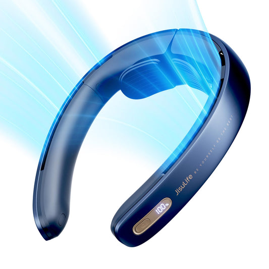 JISULIFE Portable Neck Fan Pro with 100 speeds, bladeless design, portable fan, stepless button, LED display, rechargeable personal 5000mAh in blue.
