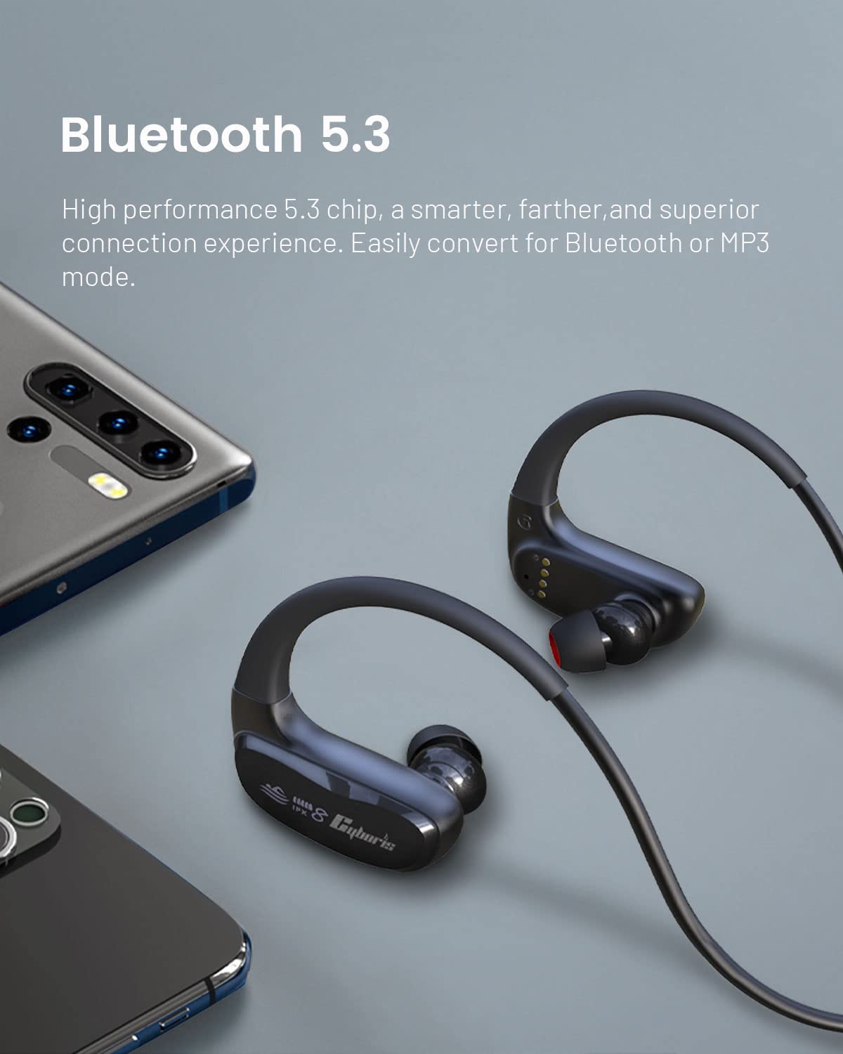 CYBORIS swimming headphones, IPX8 waterproof Bluetooth headphones, wireless in-ear sports headphones with 32GB MP3 player storage, built-in bone conduction speaker, EQ switching function.