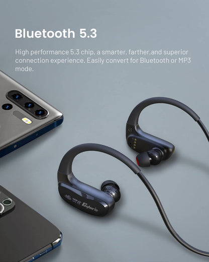 CYBORIS swimming headphones, IPX8 waterproof Bluetooth headphones, wireless in-ear sports headphones with 32GB MP3 player storage, built-in bone conduction speaker, EQ switching function.