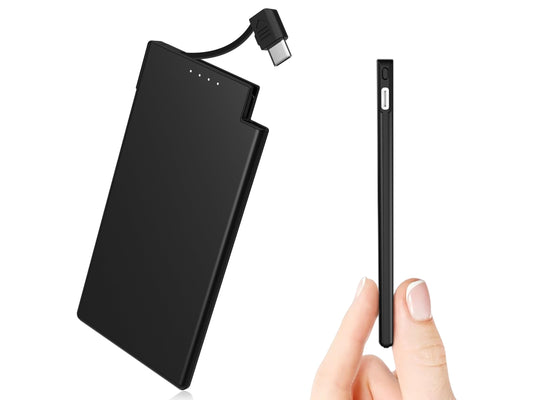Auskang Powerbank USB C with Cable 0.68cm Ultra Slim Portable Charger Ultra-thin and lightweight External Battery, Compatible with iPhone, Samsung, Xiaomi, etc.- Black