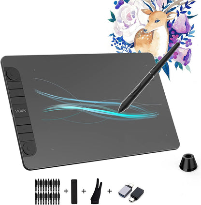 VEIKK VK1060PRO graphics tablet, 10x6 inch drawing tablet with 8 shortcut keys. Features double wheel design, 8192 levels of pressure sensitivity, battery-free pen. Compatible with Windows/Mac OS/Android/Linux.