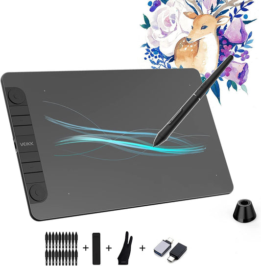 VEIKK VK1060PRO graphics tablet, 10x6 inch drawing tablet with 8 shortcut keys. Features double wheel design, 8192 levels of pressure sensitivity, battery-free pen. Compatible with Windows/Mac OS/Android/Linux.