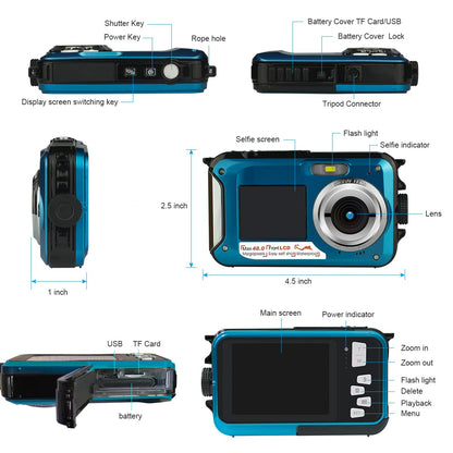 Underwater Camera Full HD 2.7K 48MP 10FT Camera Waterproof Dual Screen 16X Digital Zoom Snorkeling Waterproof Digital Camera for Selfie Underwater, Swimming, Vacation