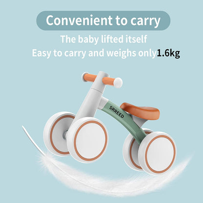 SEREED Kids Balance Bike from 1 year, walking bike toy for 12-24 months baby, first bike without pedals with 4 wheels for boys and girls, toddlers first birthday gift, Green.