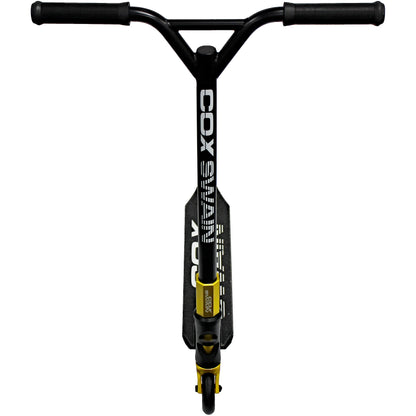Cox Swain Stunt Scooter X-385, SCS compression, CNC fork, 100mm PU/aluminum wheels, ABEC 9, for kids + adults, beginners + pros, super stable - black/gold
