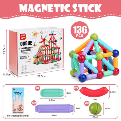 OSDUE 136 Pieces Magnetic Building Sticks Set, Magnetic Building Blocks, Magnet Toy Magnets Kids, Montessori Toy, Christmas Birthday Gift for 3 4 5 6 7 8 Years Old Boys Girls (Color)