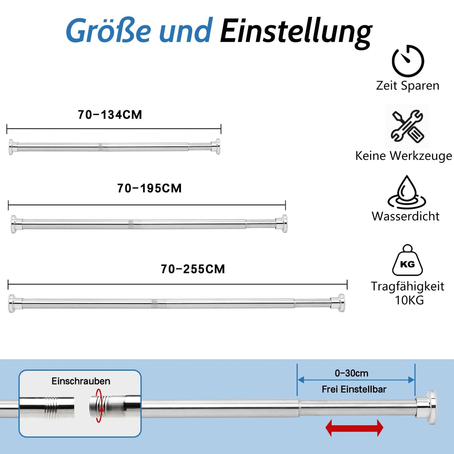 Shower curtain rod, Retractable shower curtain rod without drilling, 70-134cm, Adjustable silver shower curtain rod, Rustproof and non-slip, Suitable for use in bathrooms