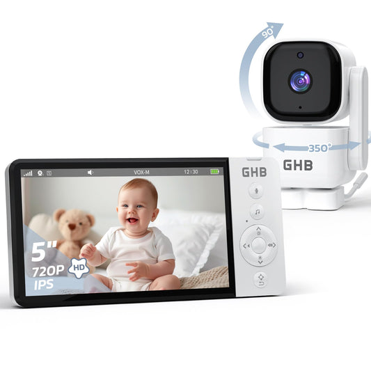 GHB baby monitor with camera 5 inch 350° rotation 5000mAh night vision VOX mode digital zoom two-way talk temperature display 720p ABM720