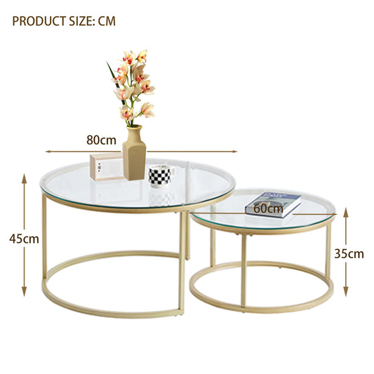 EGOONM 2-piece set round coffee table, round modern glass table with gold metal frame, (80*80*45cm+60*60*35cm)