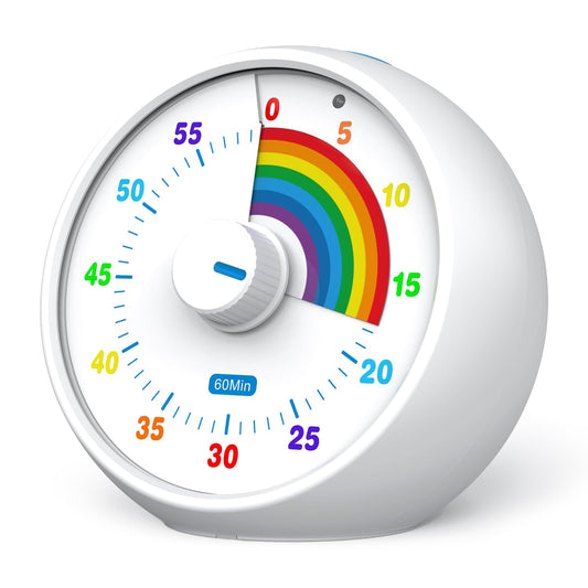 Visual timer for kids, 60-minute countdown for classroom office kitchen, desktop children time management tools with quiet operation, Pomodoro timer rainbow pattern (white)