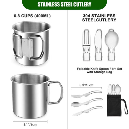 Odoland camping cookware set, pots and pans with compatible mini stove, cup, fork, knife, spoon, stainless steel, for outdoor, picnic, camping.