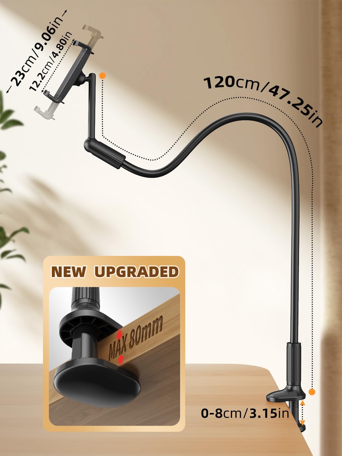 SAIJI 120CM Upgraded Gooseneck Tablet Holder, One-Hand Adjustable iPad Holder for Bed, Kindle Holder for Bedtime Reading, Compatible with iPad iPhone, Fire, All Devices from 4.7-13"