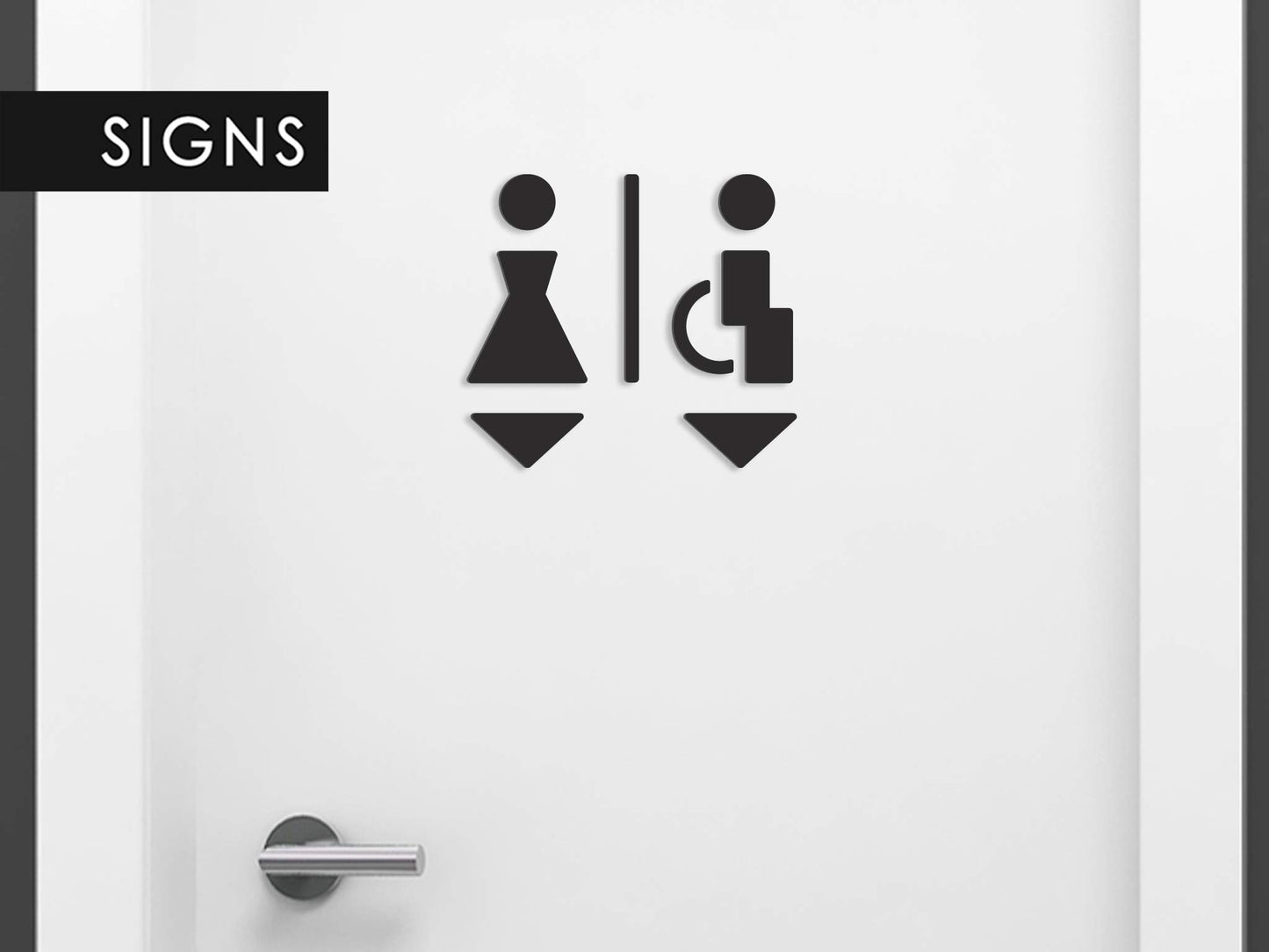 3DP Signs - Embossed Toilet Design Door Sign SA113 Black self-adhesive restroom signs - Modern ladies' restroom sticker bathroom sign for doors - Man, woman, and wheelchair user accessible toilet sign