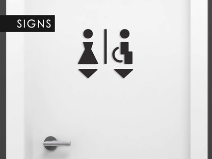 3DP Signs - Embossed Toilet Design Door Sign SA113 Black self-adhesive restroom signs - Modern ladies' restroom sticker bathroom sign for doors - Man, woman, and wheelchair user accessible toilet sign