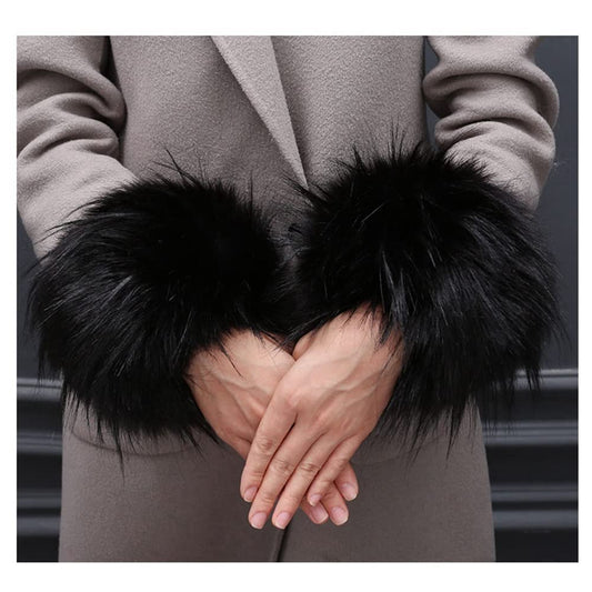 SHTGOI women's fur cuffs fur wrist warmer faux fur cuffs arm warmers winter hand warmers sleeves plush wrist warmers faux fur arm warmers gloves black 1#