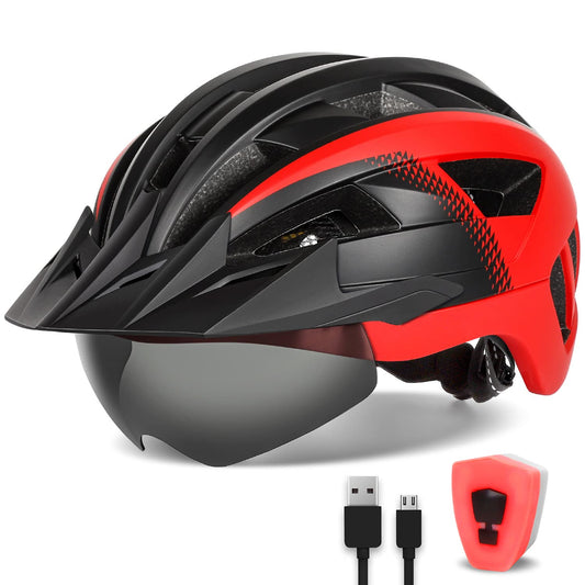 FUNWICT bike helmet with visor for men and women, lightweight helmet with magnetic goggles and USB rechargeable LED light, stylish mountain bike helmet (L: 57-61 cm, black red)
