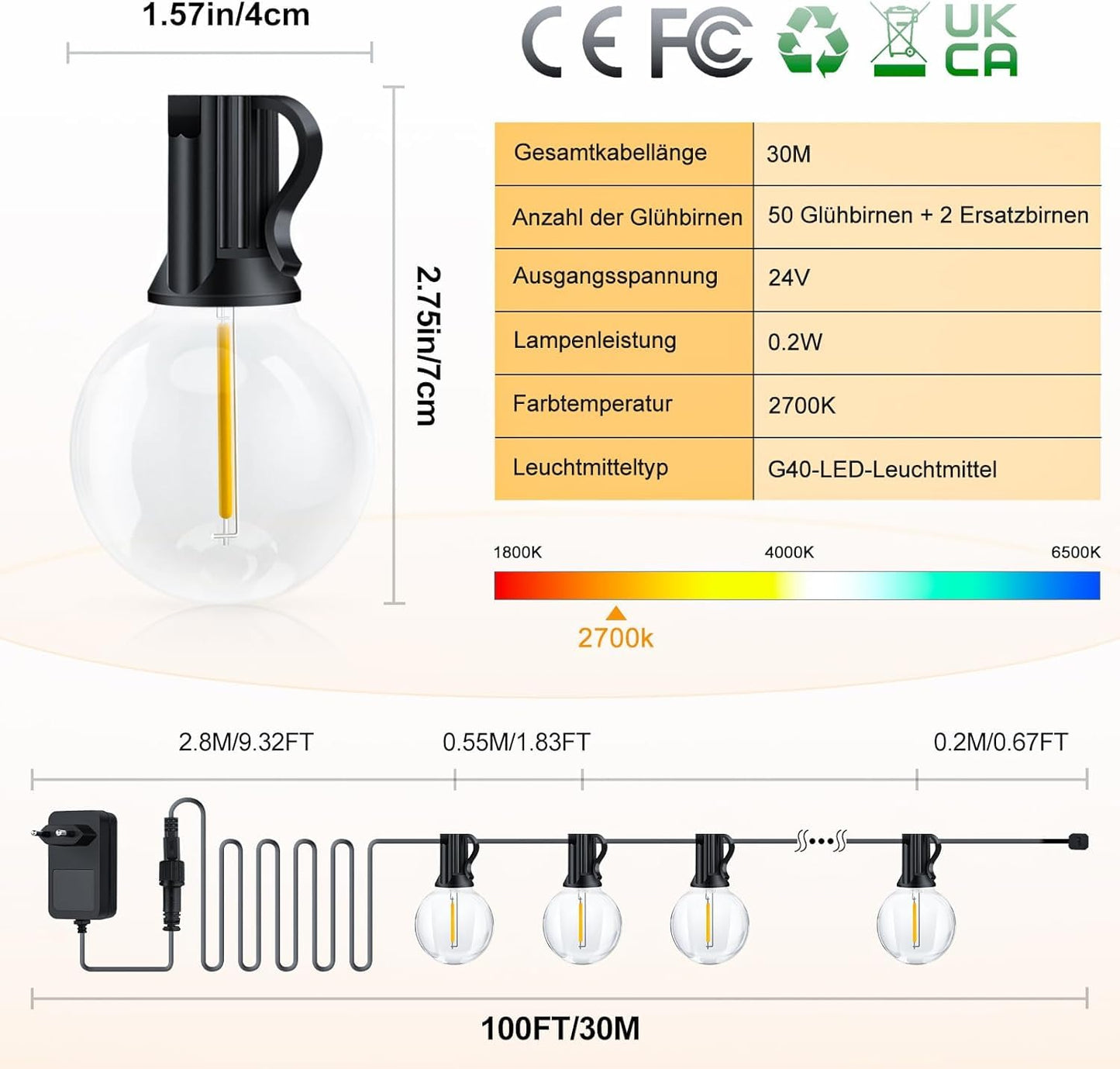 Seklin LED Outdoor String Lights Bulbs Power - Outdoor String Lights 30M with 50+2 G40 IP44 Weatherproof Bulbs for Indoor Outdoor Garden Balcony Camping Party Decoration