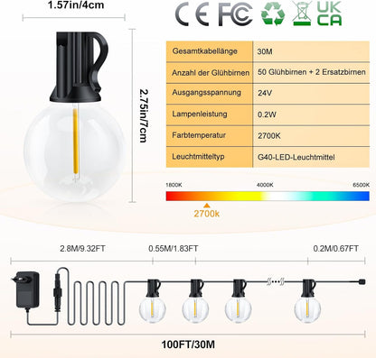 Seklin LED Outdoor String Lights Bulbs Power - Outdoor String Lights 30M with 50+2 G40 IP44 Weatherproof Bulbs for Indoor Outdoor Garden Balcony Camping Party Decoration