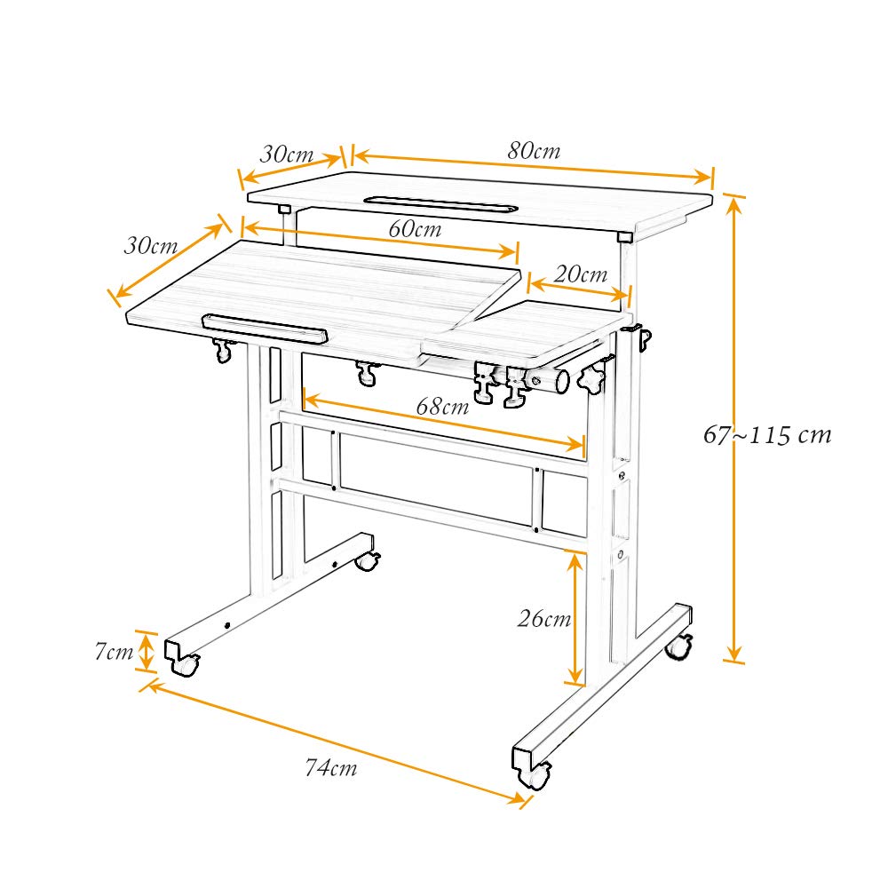 DlandHome standing table, rolling with lockable wheels, adjustable height 67-115 cm, computer desk, multi-functional with 3 tiers, for laptop, maple.