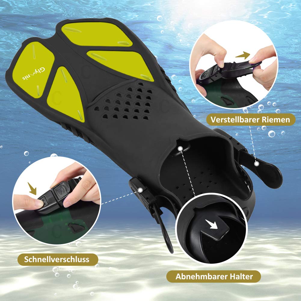 Glymnis Adjustable Swim Fins for Adults and Kids, Short Diving Fins for Diving Swimming Snorkeling (Black/Yellow, S/MD)