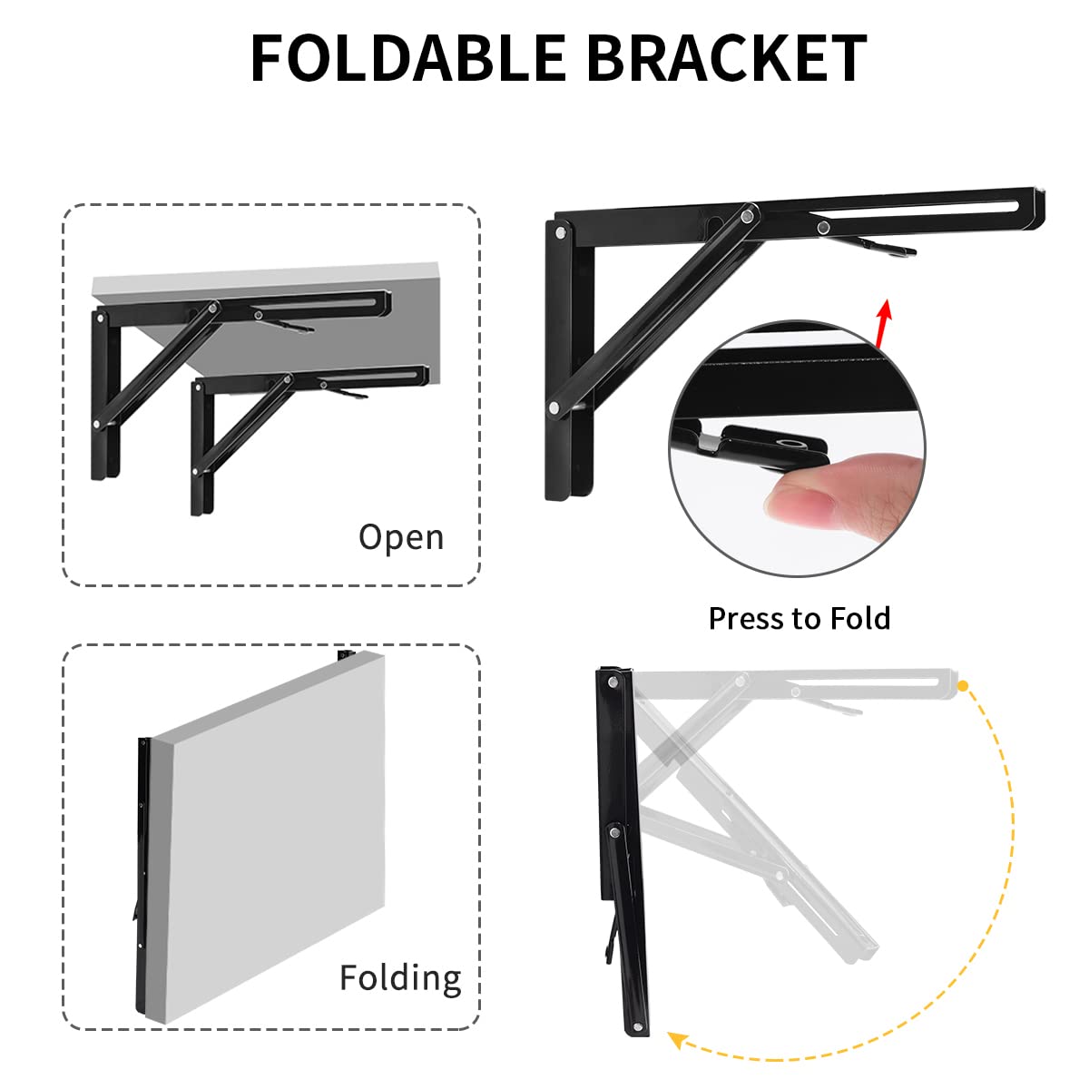 YUMORE Folding Shelf Brackets Heavy Duty 300mm Black - 2 Pack Metal Folding Brackets Wall Table Holder Foldable Shelf Brackets for DIY Folding Tables Benches Shelves Space Saving, Max Load 330lbs