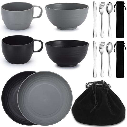 Mountain country camping cutlery set of 2 pieces, reusable cutlery sets with knife, fork, spoon, cups and plates, and bowls, portable travel cutlery set, easy to clean, dishwasher safe.