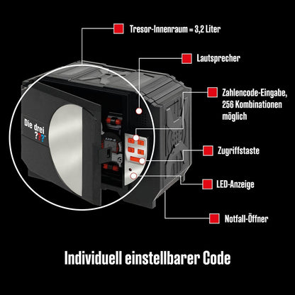 The Three Investigators Digital Safe from KOSMOS. Protect your secrets with a code and voice alarm. Detective toy set for kids aged 8 and up. Mini safe.