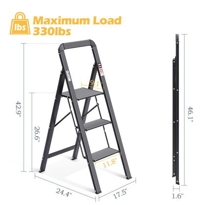 KINGRACK Aluminum Ladder, 3-Step Folding Step Ladder with Handrail, 150kg Capacity, Non-Slip Household Ladder with Locking Mechanism, Aluminum Ladder for Home, Office, Garden, Black.
