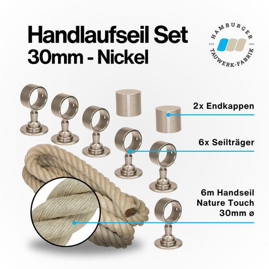 30mm handrail rope set - includes 2 end caps, 6 nickel-plated rope supports, and 6m of natural "Nature Touch" handrail rope