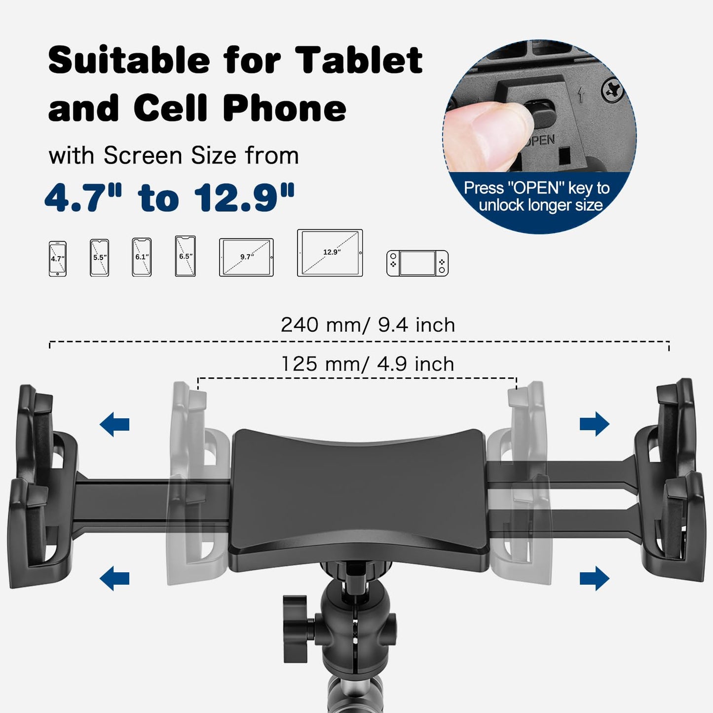 Asaiy Tablet Holder for Car, iPad Holder for Car, 360° Rotatable, Stable and Washable TPU Suction Cup, Windshield and Dashboard Universal, Car Mount for iPhone, Galaxy, 4.7-12.9" Tablets & Phones