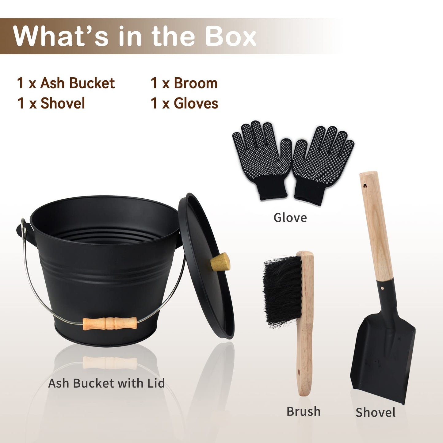 BRIAN & DANY ash bucket with lid, Round coal bucket for fireplaces, 5L bucket with shovel and hand broom, Tool set accessories for fireplace, fire pit, wood stove.