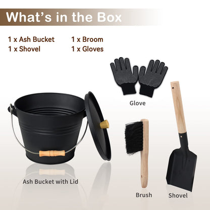 BRIAN & DANY ash bucket with lid, Round coal bucket for fireplaces, 5L bucket with shovel and hand broom, Tool set accessories for fireplace, fire pit, wood stove.