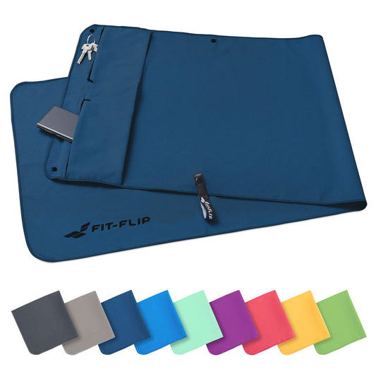 Fit-Flip Microfiber Fitness Towel with Magnet and Zipper Pocket - Compact & Quick-Drying - Perfect for Sport and Gym - Navy Blue - 130x48cm